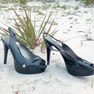 Black sling back, platform heels by Guess Brand